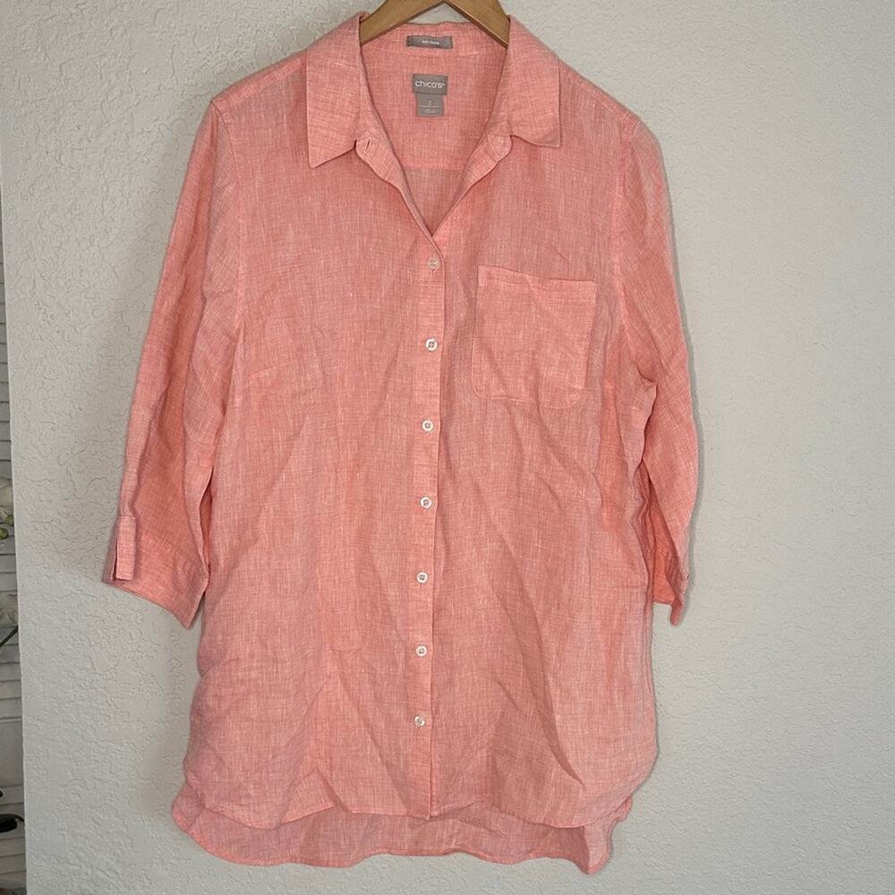 Chico’s Orange Peach 100% Linen Button Up Shirt 3/4 Sleeve Summer Vacation 12/14